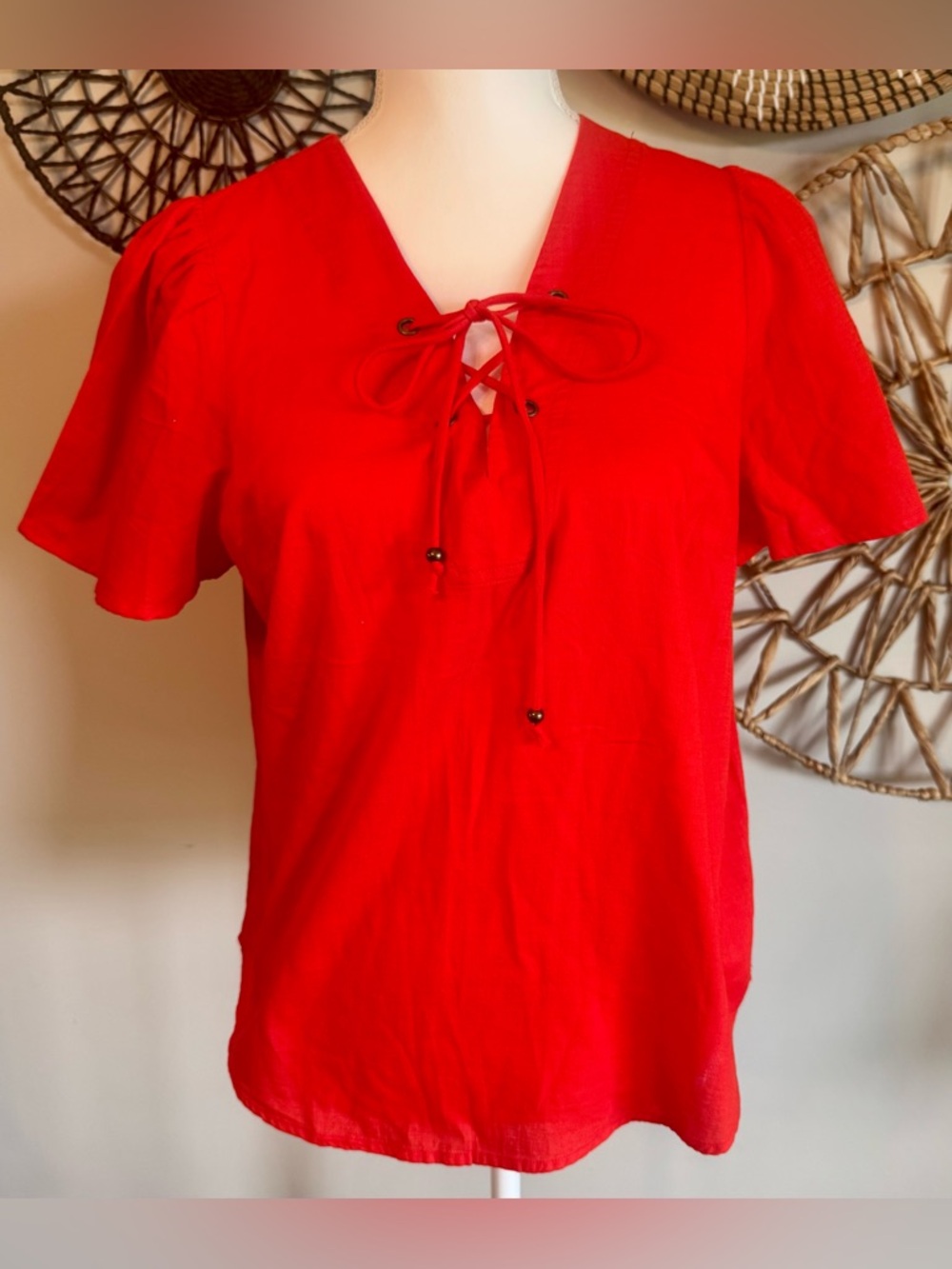 NWT Knox Rose 100% Cotton‎ Vibrant Red Lace-Up V-Neck Top Size S